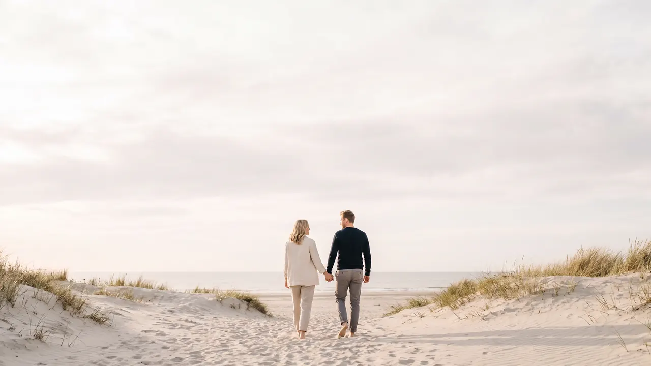 The couple together outdoors in warm evening light