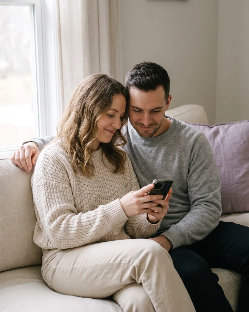 A male-female couple on their sofa, looking at the Gala app together