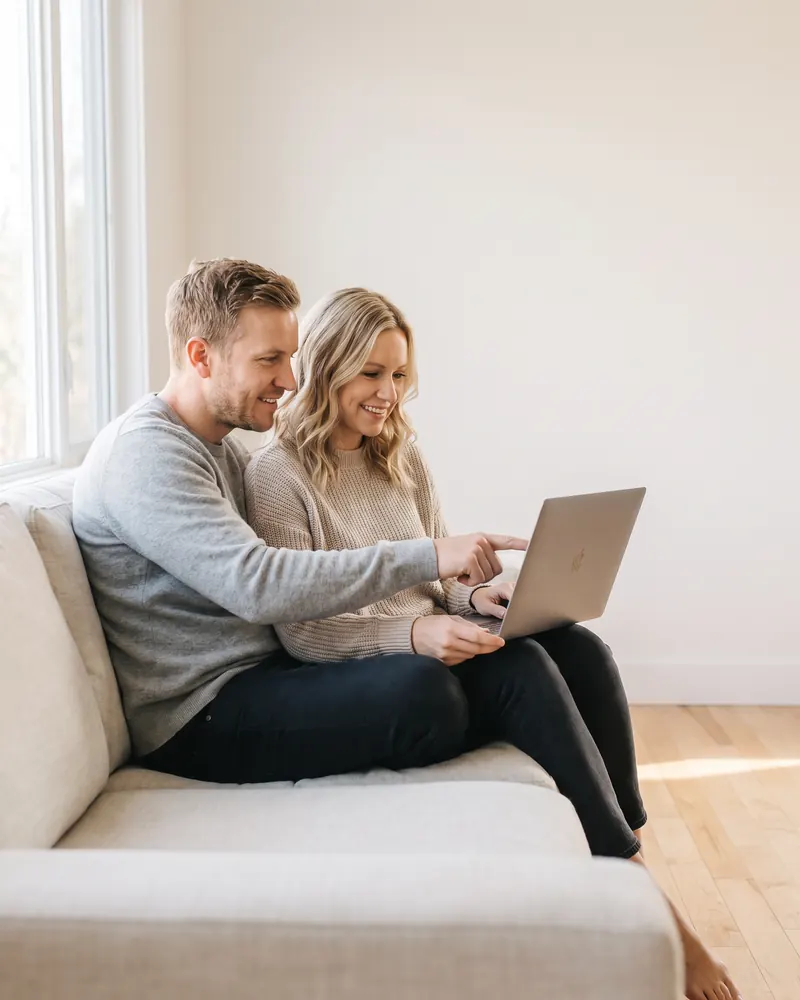 The couple on their sofa, starting the intake on a laptop