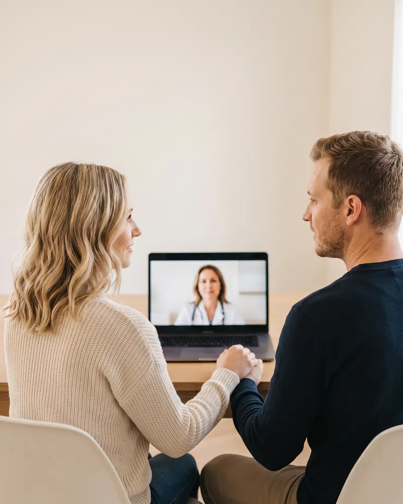 The couple on a video visit with their clinician