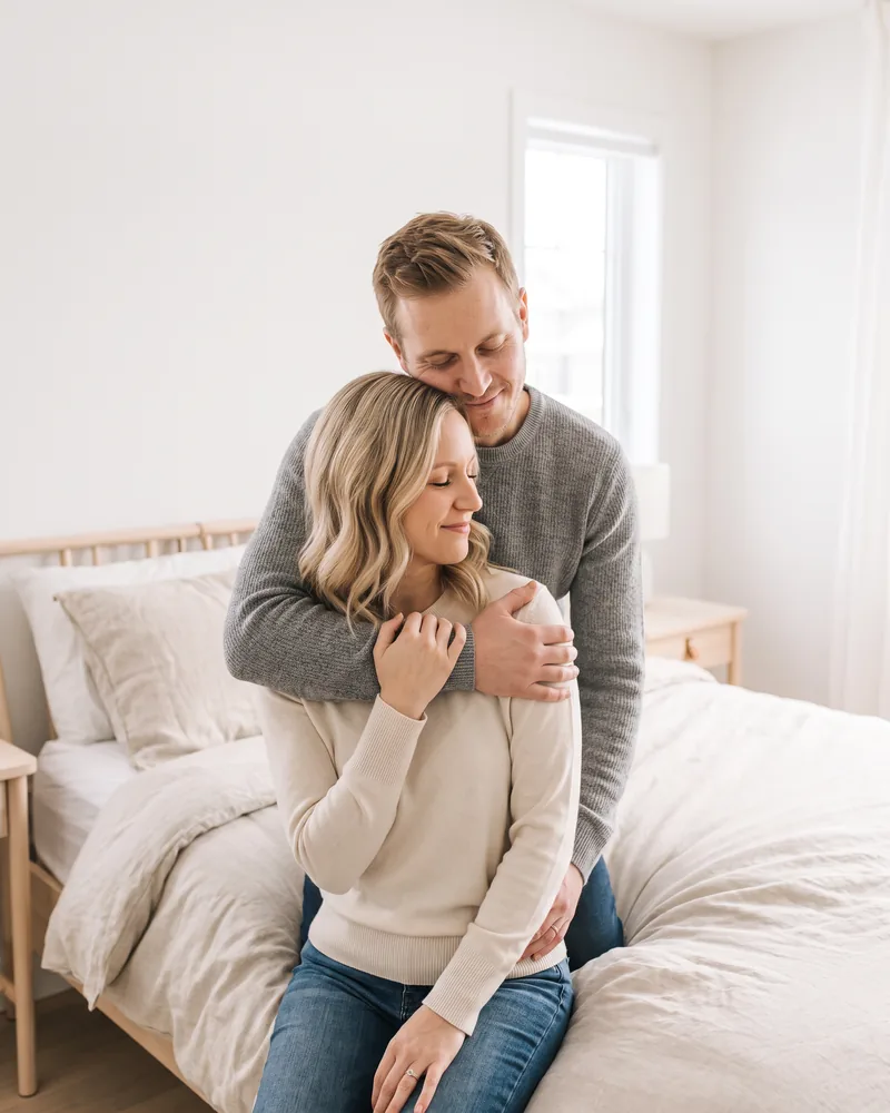 The couple holding each other in soft morning light at home